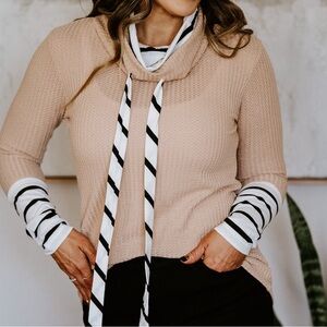 Tan Cowl Neck Sweater with Striped Details
